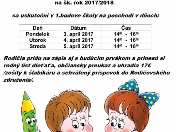 Zápis do 1. ročníka na šk. rok 2017/2018
