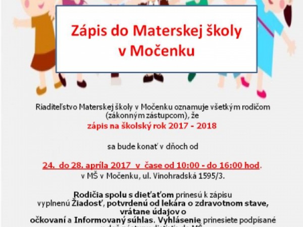 Zápis deti do Materskej školy na škol. rok 2017/2018