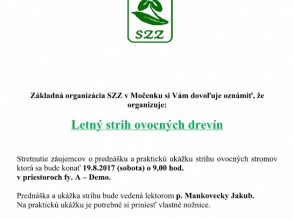Základná organizácia SZZ v Močenku organizuje prednášku