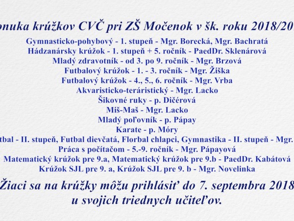 Ponuka krúžkov CVČ pri ZŠ Močenok pre šk. r. 2018/19
