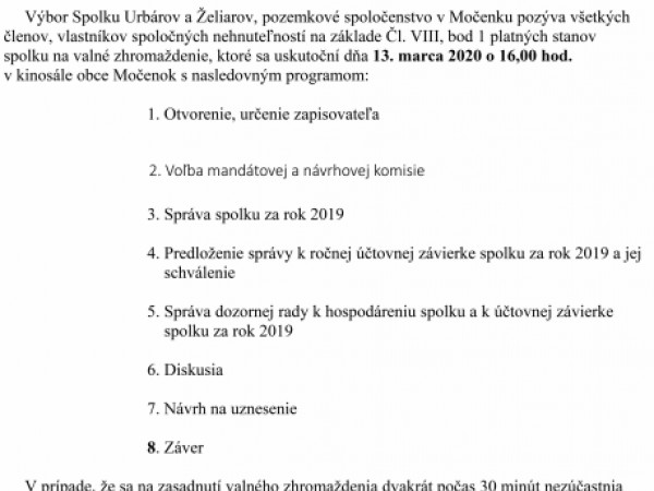 Valné zhromaždenie - Spolok Urbárov a Želiarov, pozemkové spoločenstvo