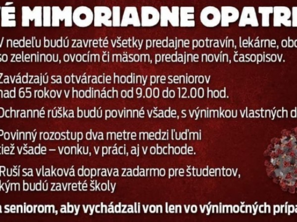 Vláda SR dňa 24.03.2020 prijala nové mimoriadne opatrenia v boji proti koronavírusu COVID 19