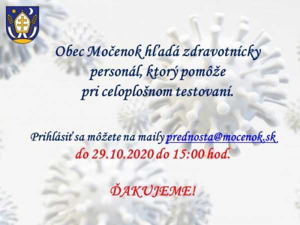 Obec Močenok hľadá zdravotnícky personál na celoplošné testovanie