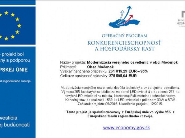Ukončenie projektu - Modernizácia verejného osvetlenia v obci Močenok
