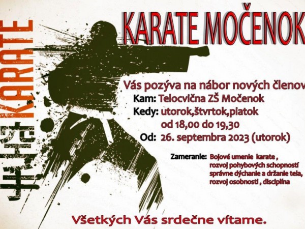 Karate Močenok pozýva na nábor nových členov, ktorý sa uskutoční 26. septembra 2023