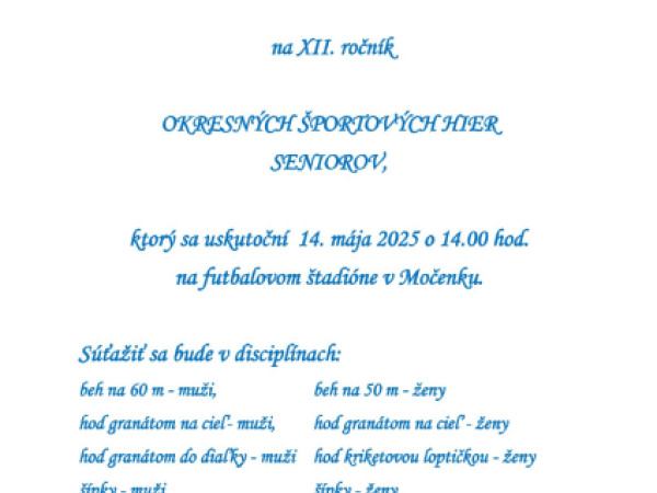 XII. ročník Okresných športových hier seniorov - 14. mája 2025