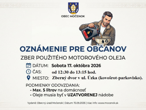 Obec Močenok realizuje  ZBER POUŽITÉHO MOTOROVÉHO OLEJA